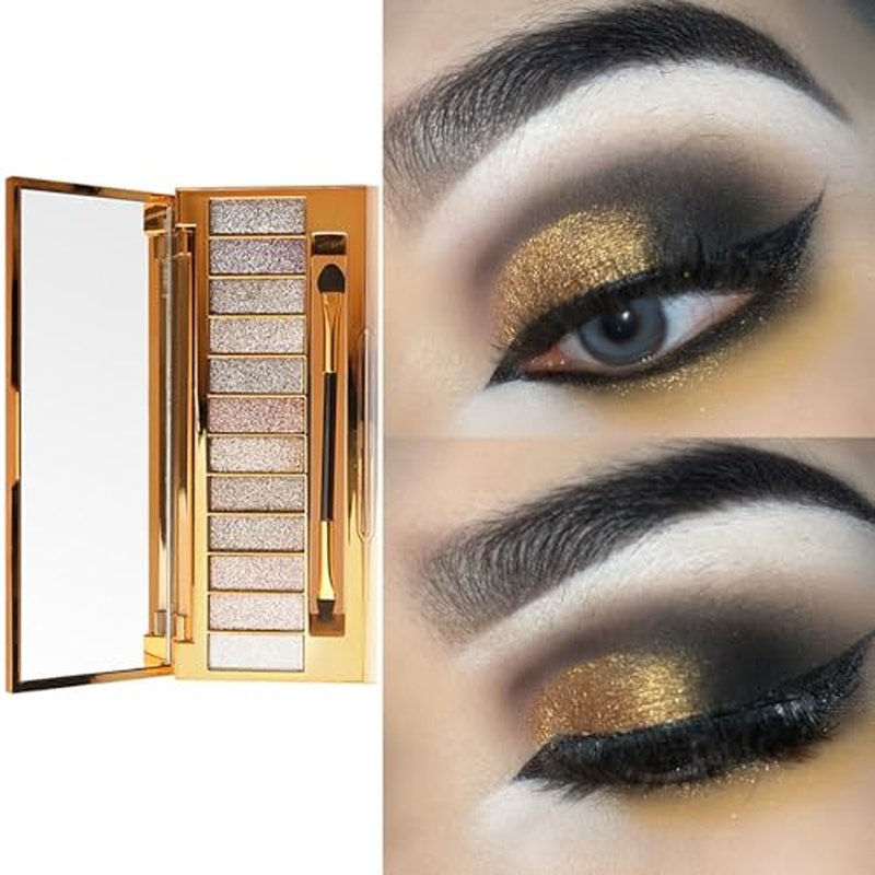 Glitter Eyeshadow Palette 12 Color Sparkle Waterproof Shimmer Make Up Palettes with Brush Mirror Highly Shining Pigmented Eyeshadow Palette for Date Party Dance Makeup (6# Daily Natural Color)