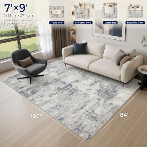 7x9 Washable Area Rug for Living Room - Abstract Modern Indoor Carpet - Grey Blue