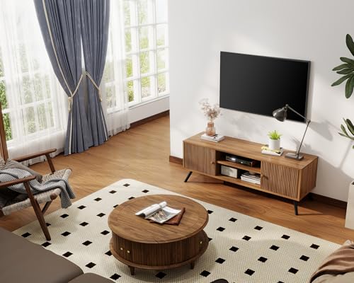 Brown 53-Inch Mid-Century Modern TV Stand for 55-65 Inch TVs with Fluted Doors