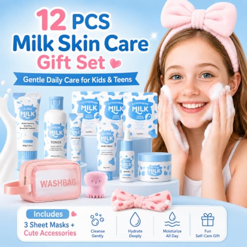 Kids & Teens Milk Skin Care Set - Gentle 12-Piece Face & Body Kit