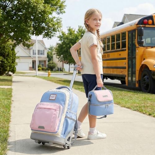 Kids 18-Inch Rolling Backpack Set with Lunch Bag & Rain Cover - Blue Pink - Effortless Stair-Climbing