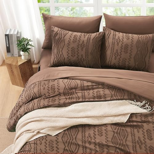 King Size Brown Tufted Boho Comforter Set - 7 Pieces, Farmhouse Style