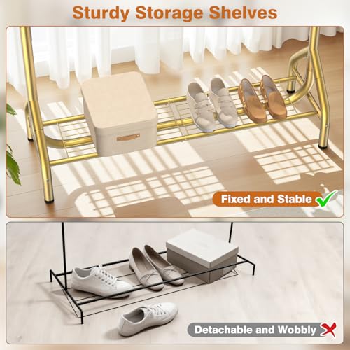 Heavy Duty Gold Clothing Rack with Double Rod & Shelves, 622 lbs Capacity, 82.68 Inch Tall Garment Organizer
