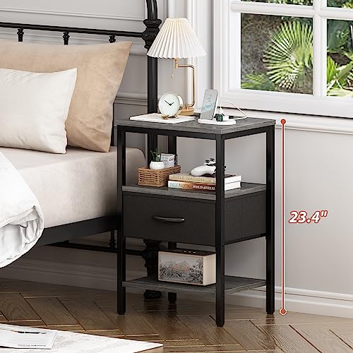 SUPERJARE Set of 2 Nightstands with Charging Station - Charcoal Gray & Black, Model M-2, 11.8"D x 15.7"W x 23.4"H