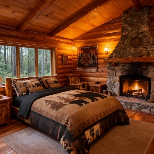 Queen Size Bear Comforter Set - Rustic Lodge Animal Bed in a Bag, 7 Pieces, Brown & Black