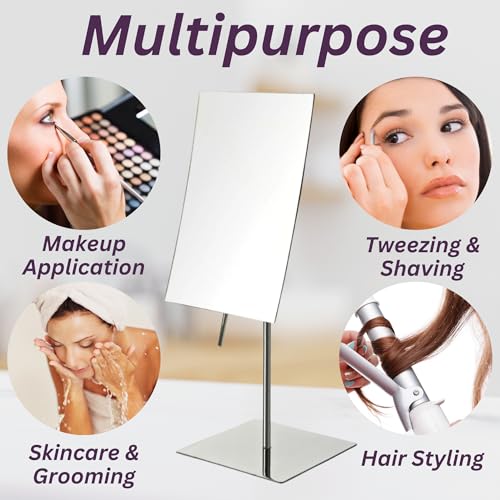 JERDON Rectangular Tabletop Makeup Mirror - 3X Magnification with Polished Stainless Steel Finish - 5-inch by 8-inch Vanity Mirror ? Pivot Adjustment - Model JP358C