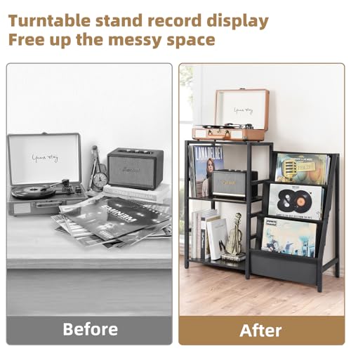 Black Record Player Stand with 3-Tier Vinyl Storage - Fits Up to 200 Albums