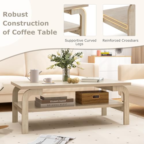 GIANTEX Oak 2-Tier Coffee Table with Storage - Mid Century Modern Design