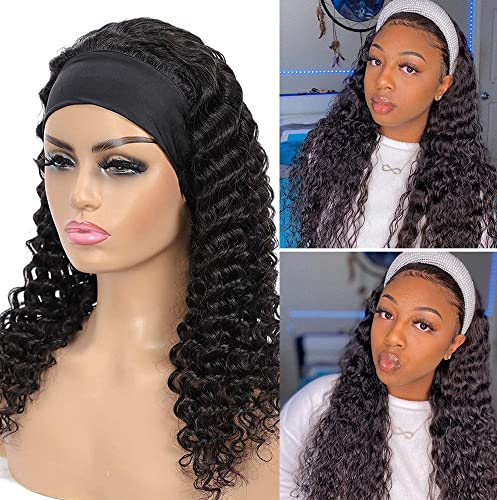Black 20 Inch Curly Human Hair Headband Wig - Glueless, Wet Wavy, for Black Women