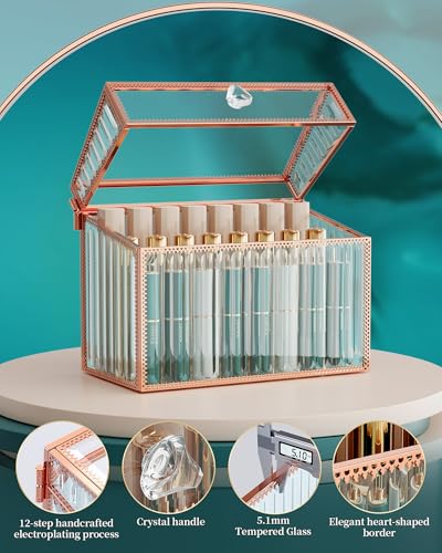 Gold Lipstick Organizer with 24 Slots - Tempered Glass Makeup Storage