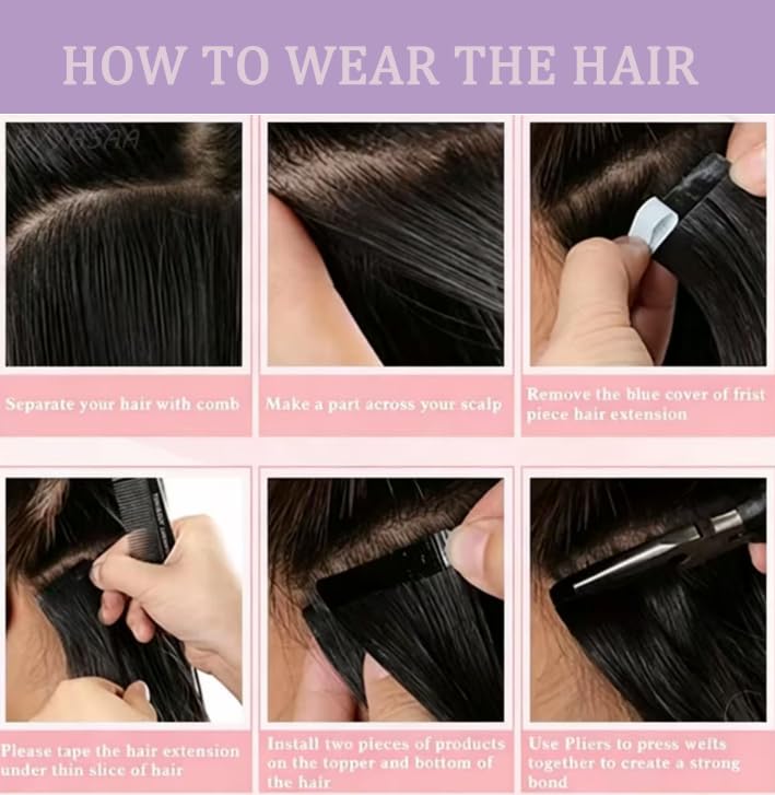 Black Tape-In Hair Extensions 20 Pcs 50g/Pack Natural Black 12 Inch Seamless Weft