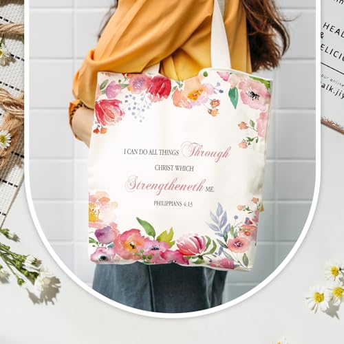 Aliceset 12 Pcs Christian Gift for Women Including 6 Bible Verse Tote Bags 6 Inspirational Makeup Bags with Zipper Religious Motivational Christian Gifts for Coworkers Church(White,Colorful)