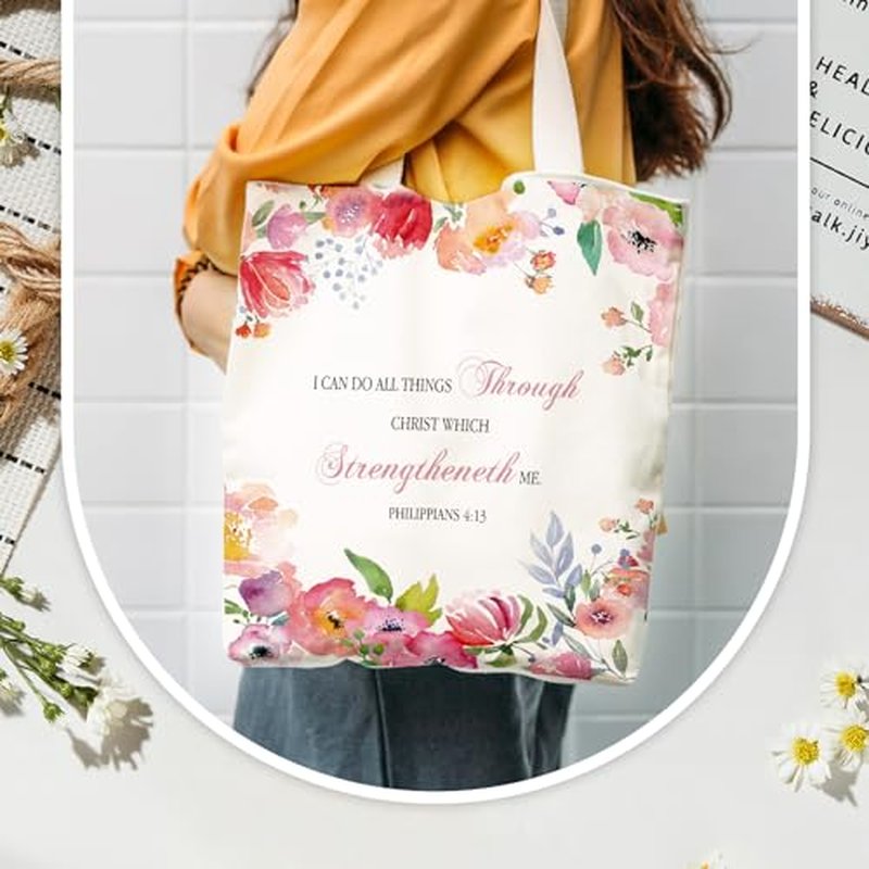 Aliceset 12 Pcs Christian Gift for Women Including 6 Bible Verse Tote Bags 6 Inspirational Makeup Bags with Zipper Religious Motivational Christian Gifts for Coworkers Church(White,Colorful)
