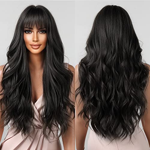 BERON Natural Black Long Wavy Wig with Bangs, Heat‑Resistant Synthetic, 65cm, Adjustable Cap