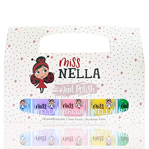 MISS NELLA SPRING IT ON 5 Varnish Pack- Blue Bell- blue, Butterfly Wings- lilac, Cheeky Bunny- pink, Honey Twinkles- yellow, Kiss The Frog- green, Peel Off kids nail polish