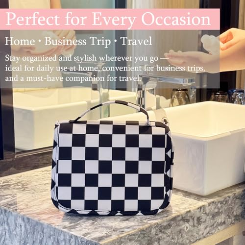 Crazy Bison Black & White Checkerboard Hanging Travel Toiletry Bag Kit for Men & Women