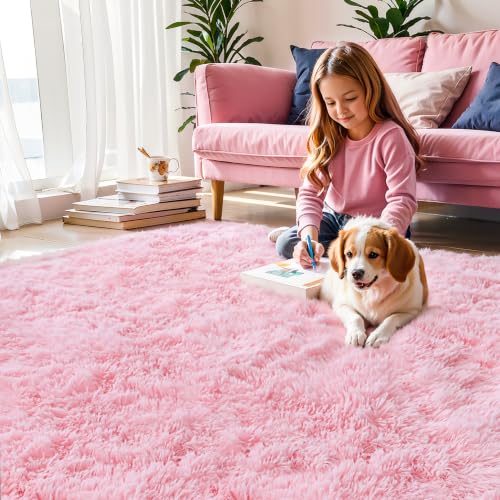 Pink Fluffy Area Rug 8x10 ft - Washable Fuzzy Shag Carpet for Living Room