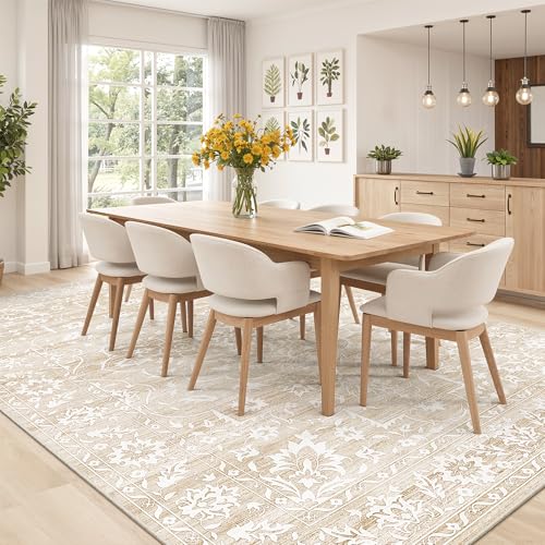 Soalmost 8x10 Beige Area Rug - Washable Geometric Pattern, Non-Slip, Soft Living Room Rug