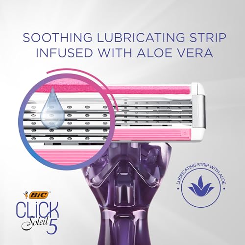 BIC Click 5 Soleil Women's Disposable Razors; 5 Blades With a Moisture Strip For a Smoother Shave; 1 Handle and 3 Cartridges; 4 Piece Razor Set