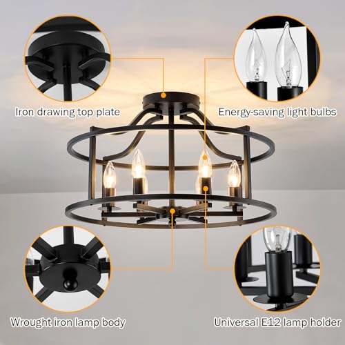 Large Black Farmhouse Chandelier 6-Light Metal Ceiling Light Fixture for Dining & Kitchen