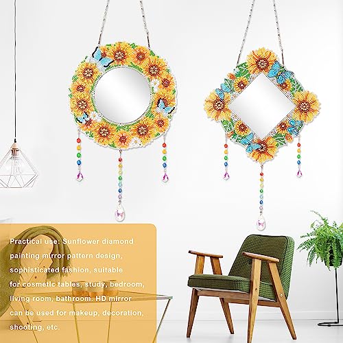 2Pcs Mirror, Sunflower Diamond Makeup Mirror, Special Shaped Crystal DIY Suncatcher for Beginner Arts Crafts Gifts Home Decor