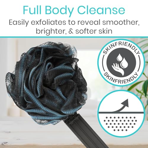 Vive Interchangeable Long Handled Loofah on a Stick - Black Mesh Back Sponge, Reusable