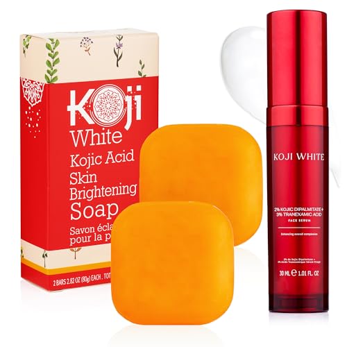 Koji White Kojic Acid Soap & Face Serum Bundle | Glycerin Soap Bar with Vitamin C, Tea Tree & Coconut Oil + 2% Kojic Dipalmitate Serum with 3% Tranexamic Acid, Niacinamide - Vegan, for Radiant Skin
