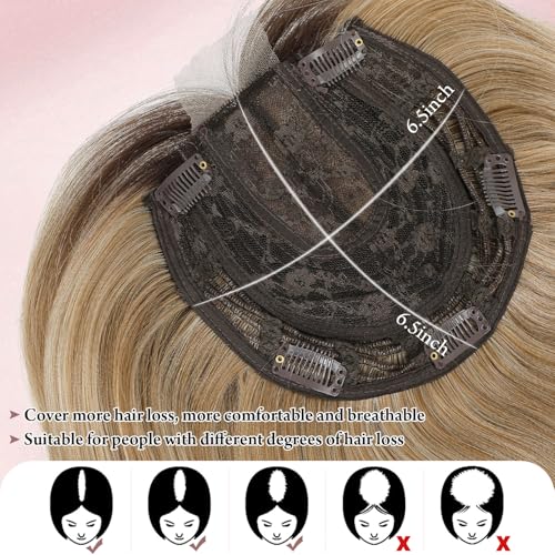 Megito 12 Inch Synthetic Hair Topper for Women, Ombre Blonde with Dark Root, Clip-In Volumizing Wiglet for Full Coverage and Natural Look