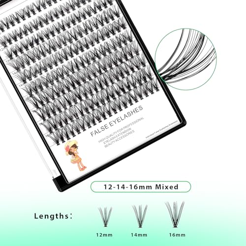 Large Tray-20Roots Thickness 0.07mm Mixed 8-10-12-14mm/ 9-11-13-15mm /12-14-16mm Black Soft and Light Individual False Eyelashes Dramatic Look Makeup Volume Eye Lashes Cluster (12-14-16MM)