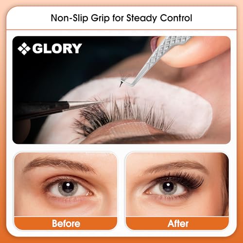 Glory 90 Degree Angle Lash Tweezers for Eyelash Extensions ? Precision Fiber Tip Diamond Grip Stainless Steel Lash Tool for Mega Volume, Classic & Professional Lash Tech Supplies