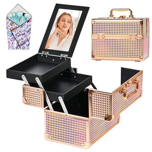 GALHUBIS Colorful Pink Makeup Train Case Organizer with Mirror & Pouch