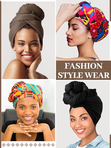 African Head Wraps for Women - 4 Pcs Lightweight Turban Scarves - Black & Printed Styles