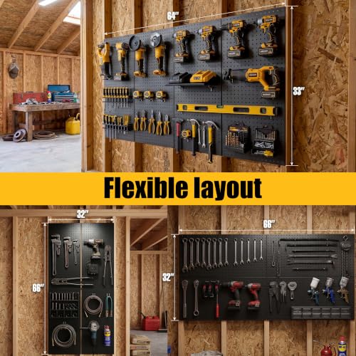 4 Pcs Black Pegboard Panels 16x33in - 100 lb Capacity Wall Organizer (4-Pack)