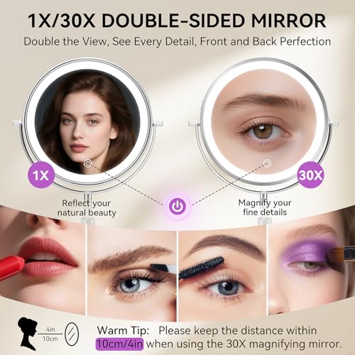 Auxmir 9-Inch Lighted Makeup Mirror with 30X Magnification, Rechargeable Chrome