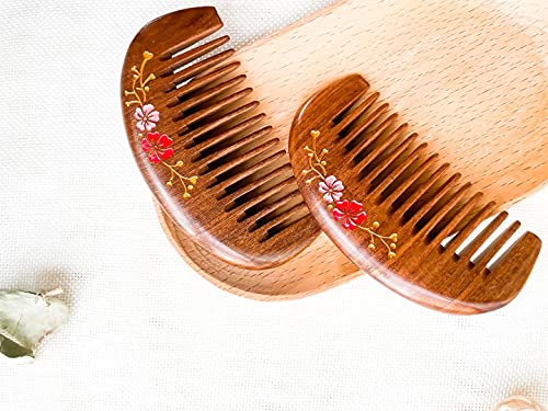 Pocket Size Sandalwood Comb with Flower Design - No Static Wide Tooth Hair Comb - 2pcs with Free Pouch - Variation MN Flower