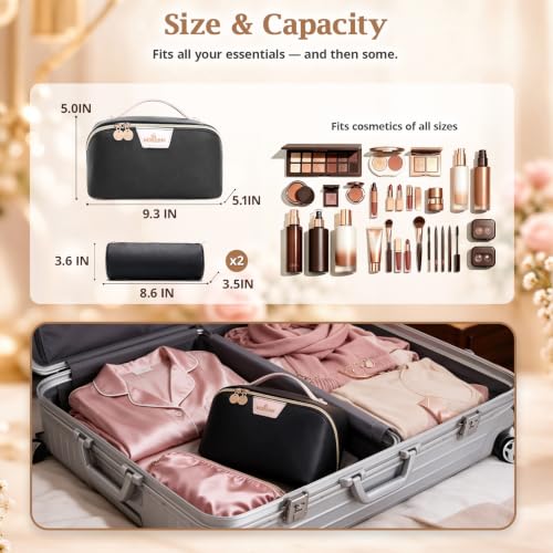 A01 Black 3-in-1 Large Travel Makeup Bag Organizer for Women - Detachable Pouches