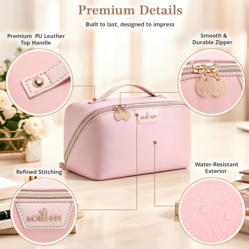 Travel Makeup Bag Organizer for Women with Detachable Pouches, Water-Resistant Leather