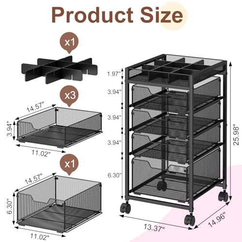 5-Tier Rolling Makeup Cart Organizer with 4 Drawers, Cosmetics Display with Dividers, Floor Skincare Storage with Wheels, Versatile Vanity Organizer for Nail Polish Perfume Brush Hair Tool, Black