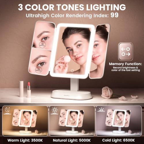 Pearly White Makeup Mirror with Lights and 7X/5X/1X Magnification - Detachable, Portable Vanity Mirror