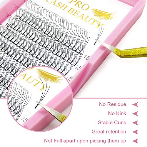 PRO LASHBEAUTY Premade Volume Fans Eyelash Extensions, 3D-C-0.07-9, Short Stem, C/D Curl, 0.07/0.10, Vegan, Individual, False Eyelash
