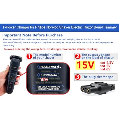T POWER 15V Charger for Philips One Blade QP2630 QP6510 QP6520 Norelco QG3200 QG3320 QG3300 Series All-in-One 7900 Philips Shaver QT4070 QG3380 QG3360 HQ8505 Shaver Ac Dc Adapter Power Supply