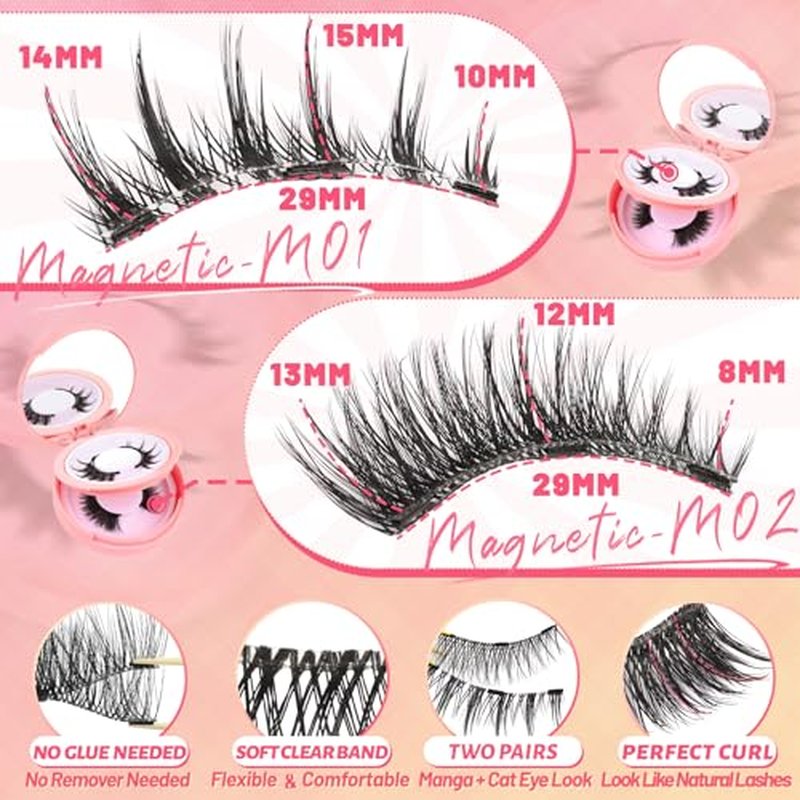 Ahrikiss Magnetic Eyelashes 2 Pairs Reusable Magnetic Lashes with Applicator Manga Lashes Natural Look No Glue Needed Lash Kit Wispy Cat Eye False Eyelashes with Magnets (M01+M02)