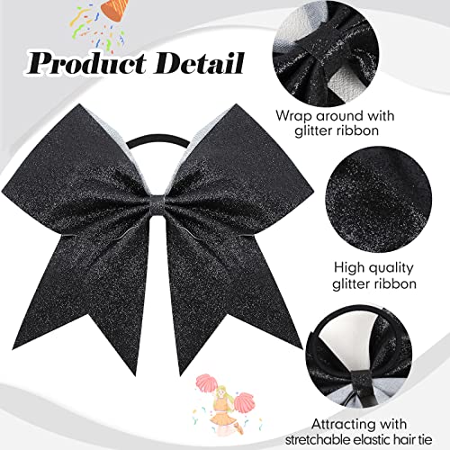 Large Glitter Cheer Bows for Cheerleaders with Elastic Hair Ties - Black