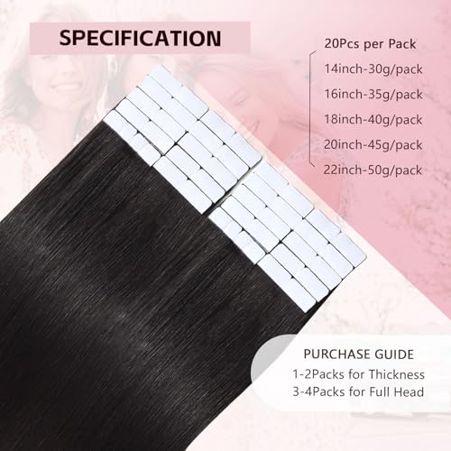 3rd-Generation Invisible Hair Extension Tape - Real Human Hair, Natural Black, 14 Inch