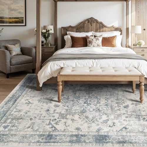 Washable 6x9 Boho Vintage Area Rug - Light Blue & Grey, Non-Slip, Low-Pile