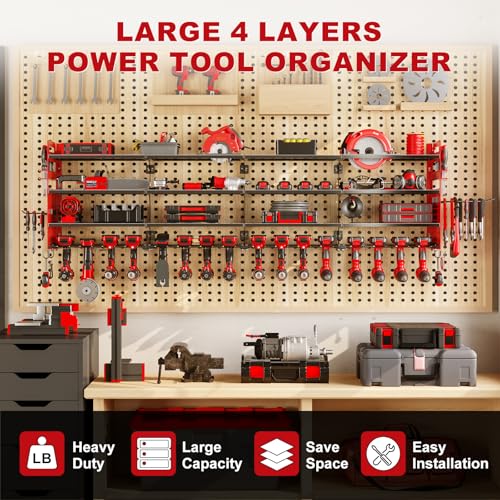 Large 65-Inch Power Tool Wall Mount Organizer - 4-Tier, Holds 16 Drills - Red