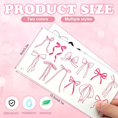 Blulu 120 Pcs Bow Temporary Tattoos Sticker Birthday Party Decoration Cute Core Bow Pre-cut Tattoos Sticker Gift Accessories for Women Bachelorette Wedding Music Festival Classroom School