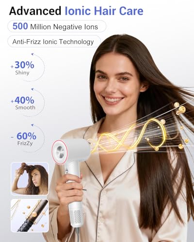High Speed Hair Dryer with Ionic Technology - White - 150,000 RPM Brushless Motor, Lightweight & Travel-Friendly