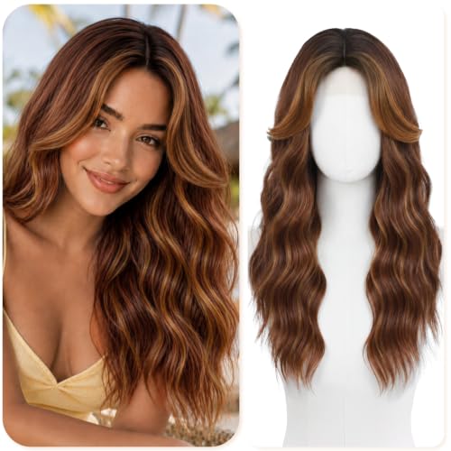 Auburn Caramel Brown Wigs for Women 22 Inch Middle Part Wavy Synthetic Wig - Variation of THIS Listing
