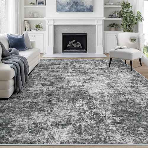 Black/Grey 8x10 Washable Area Rug for Living Room and Bedroom - Non-Slip, Durable, Pet & Kid Friendly